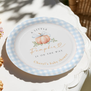 Kleine Kürbisblaue Gingham-Baby-Party Pappteller
