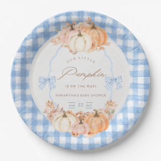 Kleine Kürbisblaue Gingham-Schleife Baby Shower Pappteller