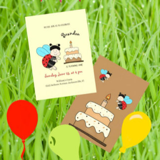 Kleine Ladybug mit Kuchen Einladung