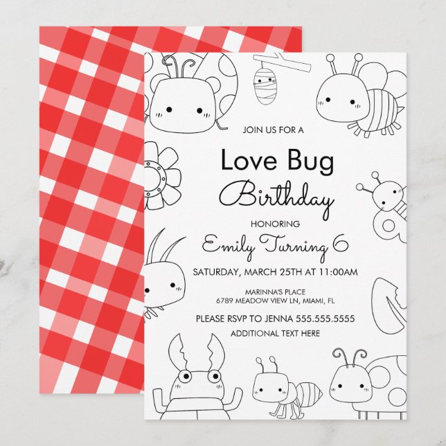 Kleine Liebe Bug Birthday Color Einladung (Vorne/Hinten)