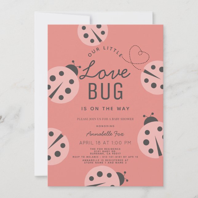 Kleine Liebe Bug Pink Ladybug Babydusche Einladung (Vorderseite)