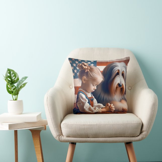 Kleine Mädchen beten mit bärtiger Collie Kissen (Stuhl )