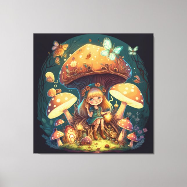 Kleine Mädchen-Elfe unter Pilzen Leinwanddruck (Vorderseite)