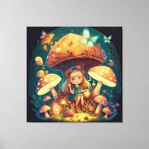 Kleine Mädchen-Elfe unter Pilzen Leinwanddruck