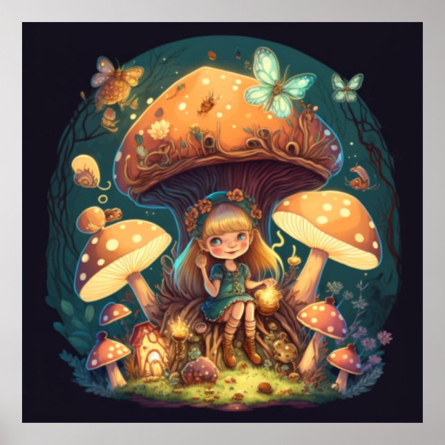 Kleine Mädchen-Elfe unter Pilzen Poster (Vorne)