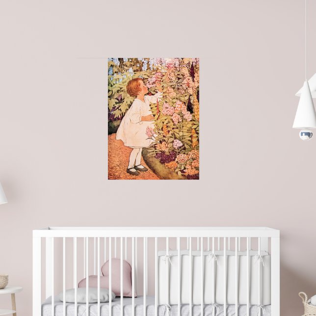 Kleine Mädchen riecht Blume Vintag Illustration Poster (Kinderzimmer 2)
