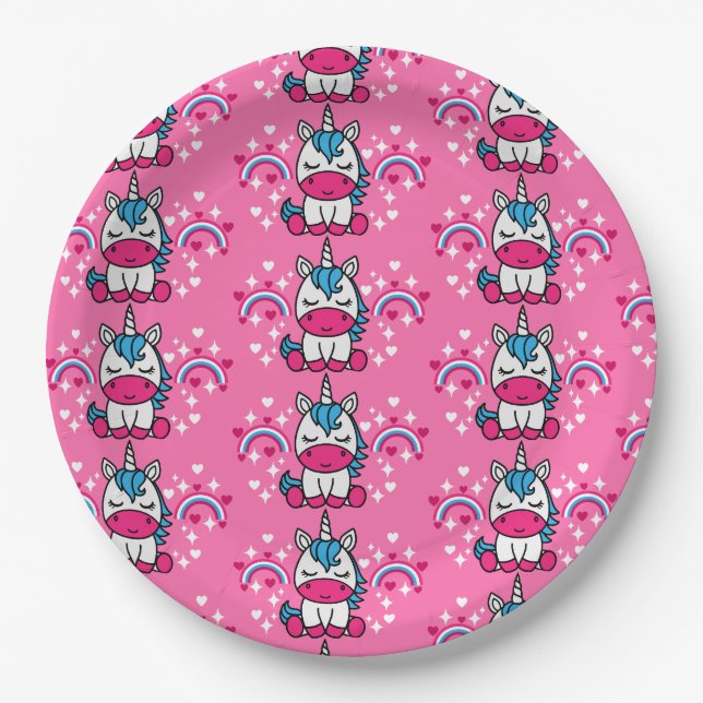 Kleine Mädchen Rosa Rainbow Unicorn Pappteller (Vorderseite)