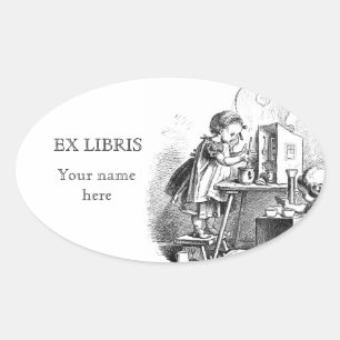 Kleine Mädchen spielen Hausätzung ex libris Ovaler Aufkleber