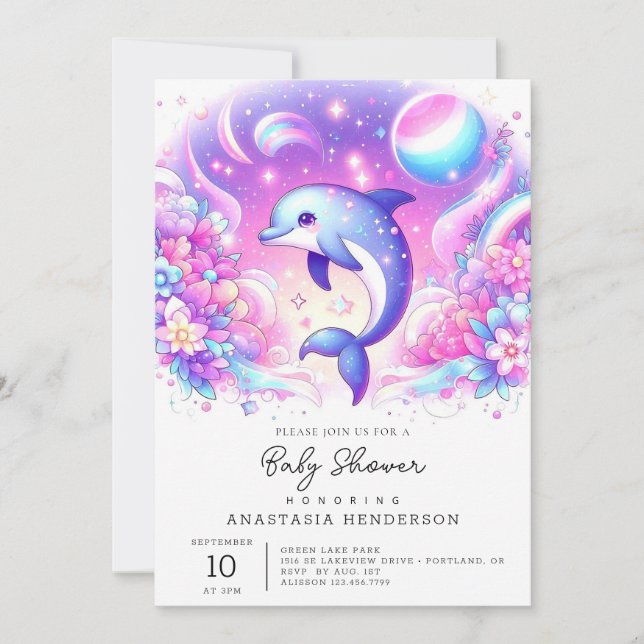Kleine magische Dolphin-Babydusche Einladung (Vorderseite)
