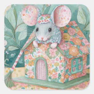 Kleine Maus am Hausaufkleber Quadratischer Aufkleber