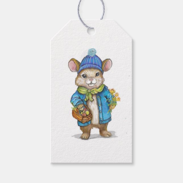 Kleine Maus mit einem Korb von Goodies Geschenkanhänger (Vorderseite)