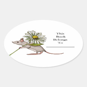 Kleine Maus mit großer düstere Blume: Buchplatte Ovaler Aufkleber