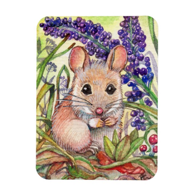 Kleine Maus und violette Blumen Magnet (Vertikal)