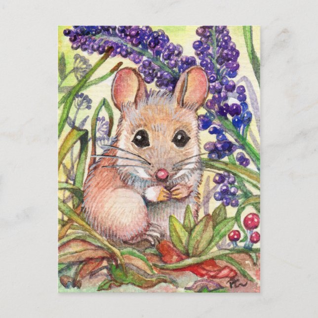 Kleine Maus und violette Blumen Postkarte (Vorderseite)