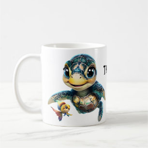 Kleine Meeresschildkröte, die mit ihrer Freundin e Kaffeetasse