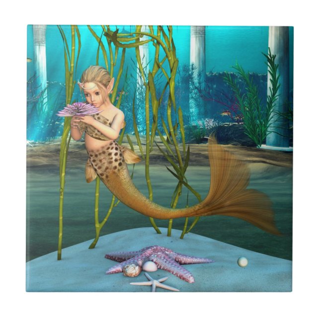 Kleine Meerjungfrau mit Anemone-Blume Fliese (Vorderseite)
