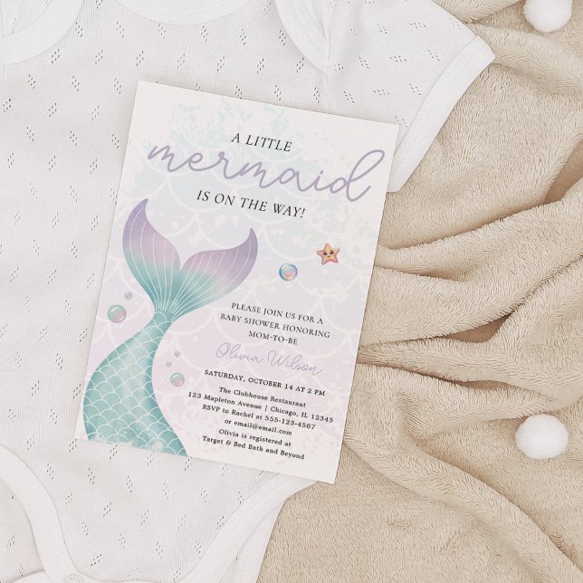 Kleine Meerjungfrau, Wassersportler unter der Kind Einladung (Little Mermaid on the way,  Nautical Beach Modern Under The Sea Pink Purple, Mermaid Baby Shower )