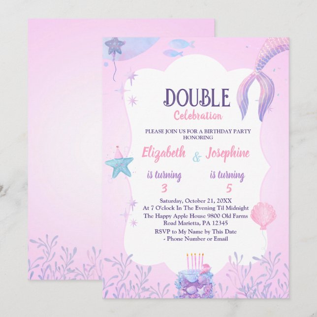 Kleine Meerjungfrauen Doppelfeier Geburtstag Einladung (Vorne/Hinten)