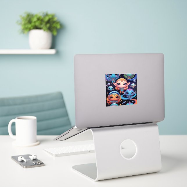 Kleine mehrfarbige Außerirdischen im Weltraum Aufkleber (Laptop auf Schreibtisch)
