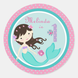 Kleine Mermaid-Aufkleber Brünett 1B Runder Aufkleber
