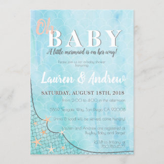 Kleine Mermaid Baby Dusche Blue Aquarell Fisch Einladung