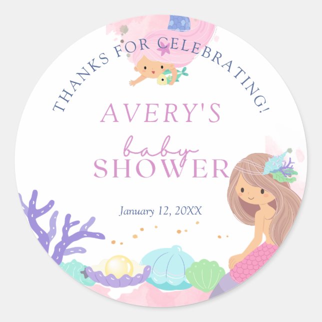 Kleine Mermaid Baby Dusche Vielen Dank Runder Aufkleber (Vorderseite)