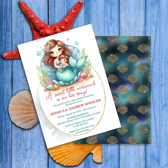 Kleine Mermaid Babydusche Einladung (Sweet little baby mermaid baby shower invite front and back view.)