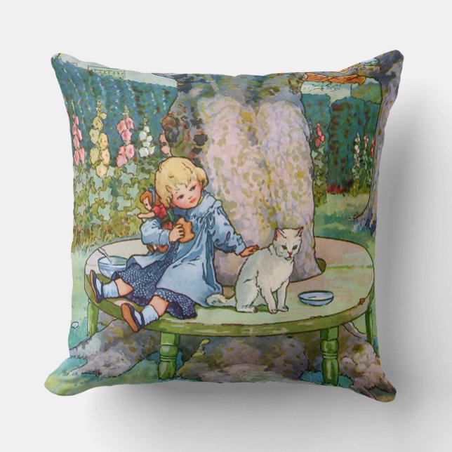 Kleine Miezekatze und Kind von der Mutter Gans Kissen (Vorderseite)