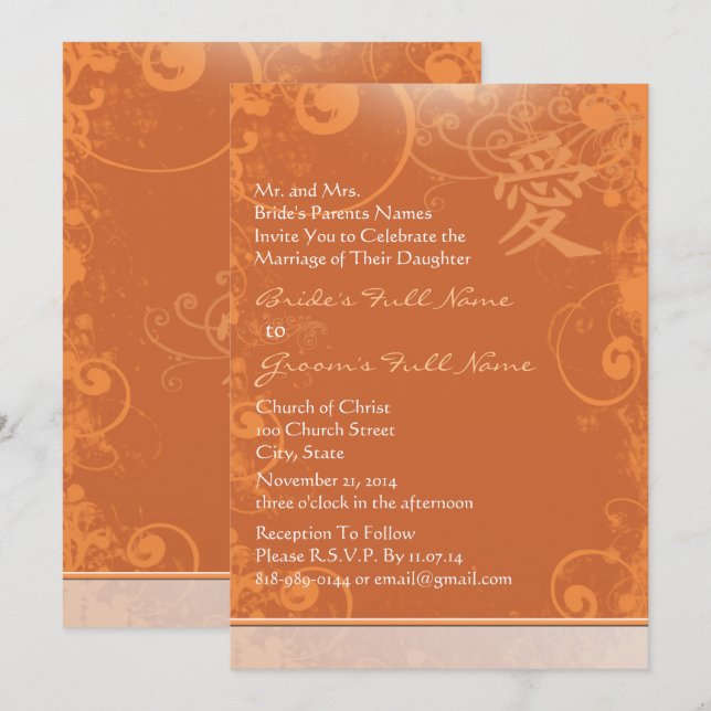 Kleine Mini Orange Kanji Liebe Swirl Hochzeit Einladung (Vorne/Hinten)