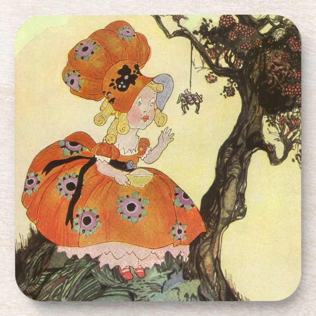 Kleine Miss Muffet & Spider, Vintage Muttergoose Untersetzer (Vorderseite)