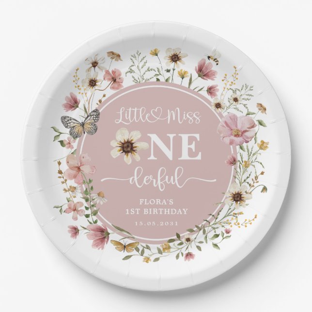 Kleine Miss ONEderful Blush Wildblume Geburtstag Pappteller (Vorderseite)