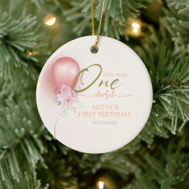 Kleine Miss ONEderful Pink Ballon Floral Geburtsta Keramik Ornament (Baum)