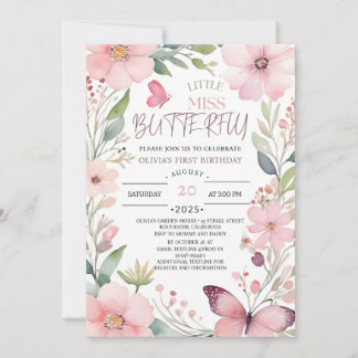 Kleine Miss Schmetterling Pink Floral 1. Geburtsta Einladung