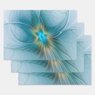 Kleine moderne blaue Gold-Fraktal-Blume Geschenkpapier Set