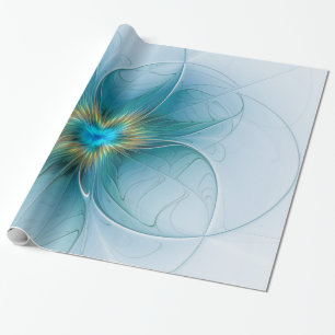 Kleine moderne blaue goldene Fractal-Kunstblume Geschenkpapier