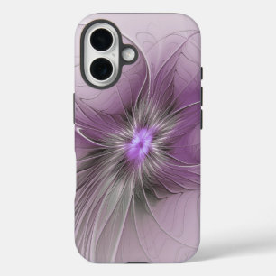 Kleine moderne mauve-graue Fraktalkunst-Blume iPhone 16 Hülle
