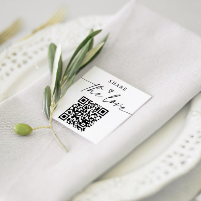 Kleine moderne Share the Love Karten mit QR-Code (Small QR Code Share the Love Cards for Wedding Receptions - Elegant Modern Handwriting)
