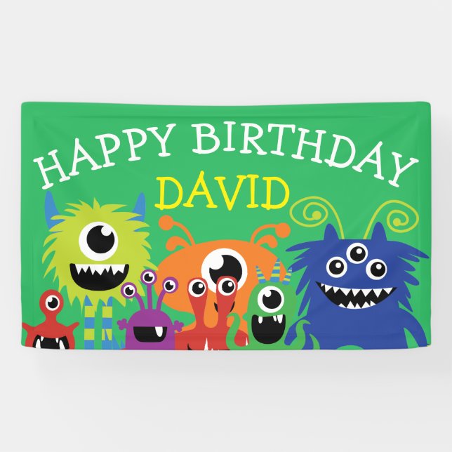 Kleine Monster Boy Geburtstagsparty Niedlich Banner (Horizontal)