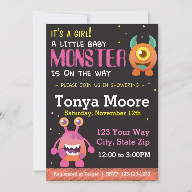 Kleine Monster Pink Babydusche Einladung (Vorderseite)