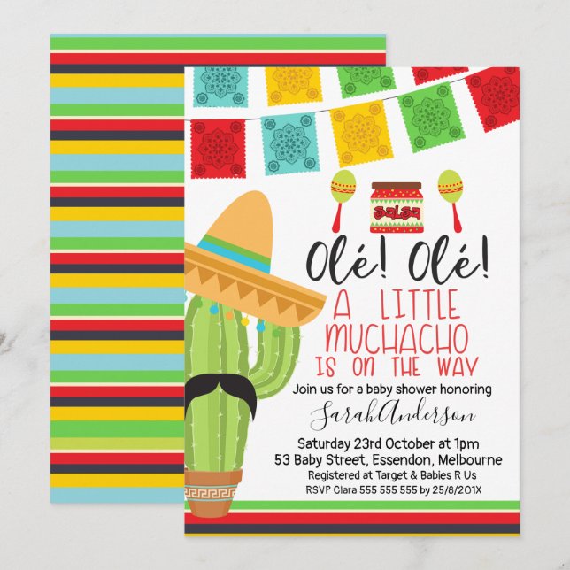 Kleine Muchacho Fiesta Kinderdusche Einladung (Vorne/Hinten)