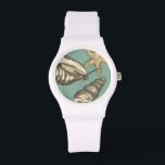 Kleine Muschel Trio auf Aquamarin Armbanduhr<br><div class="desc">Megan Meagher ist bekannt für ihre einfachen Kunstwerke. Dieses Bild zeigt die Einfachheit der Schätze des Meeres, der Muscheln eines Conchs und eines Seesterns. Meagher hat einen aquamarinen Hintergrund in ihrem Bild, um diese Schätze zu kontrastieren. Holen Sie sich heute dieses Kunstdrucke auf Ihrem Zazzle-Produkt.</div>