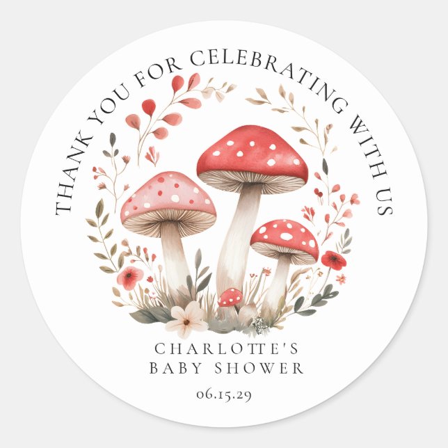 Kleine Mushroom Wildblumen Kinderdusche Danke Runder Aufkleber (Vorderseite)