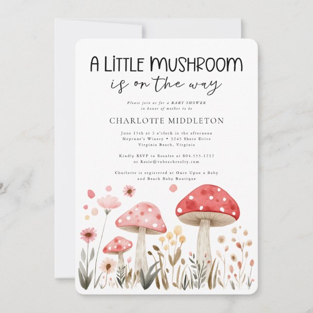 Kleine Mushrooms Wildblume Kinderdusche Einladung (Vorderseite)