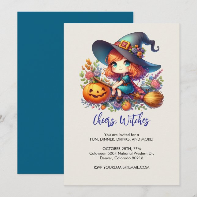 kleine niedliche Hexe in blauer Farbe, Halloween Einladung (Vorne/Hinten)