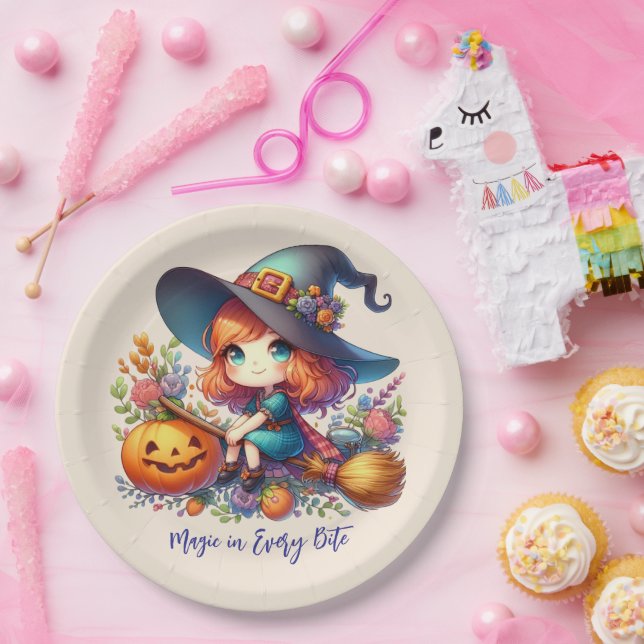 kleine niedliche Hexe in blauer Farbe, Halloween Pappteller (Party)