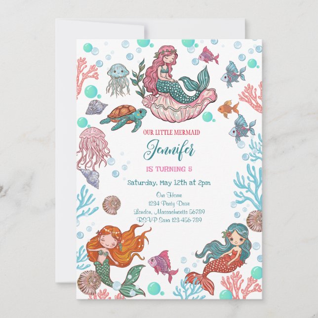 Kleine Niedliche Mermaids zum Geburtstag Einladung (Vorderseite)