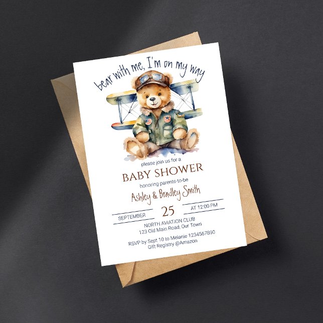 Kleine niedliche Teddybär-Babydusche Einladung (Tiny pilot teddy cute bear baby shower template invitation digital download vintage pilot jacket)