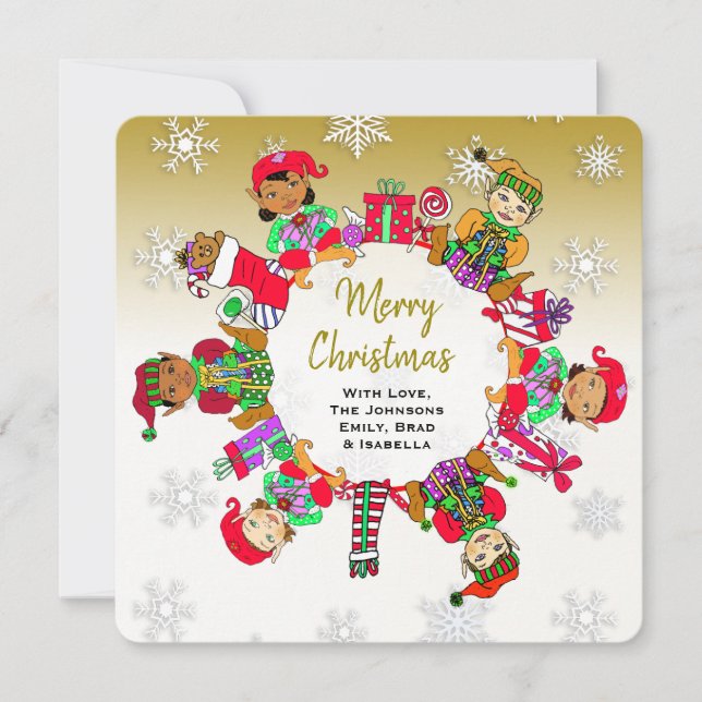 Kleine Niedliche Whimsical Elves und Candy Gold Karte (Vorderseite)