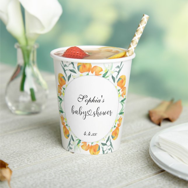 Kleine orangefarbene Babydusche Pappbecher (In Situ)