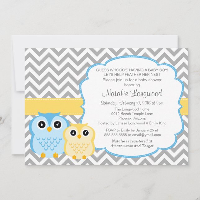 Kleine Owls Babydusche Einladung, Junge Einladung (Vorderseite)